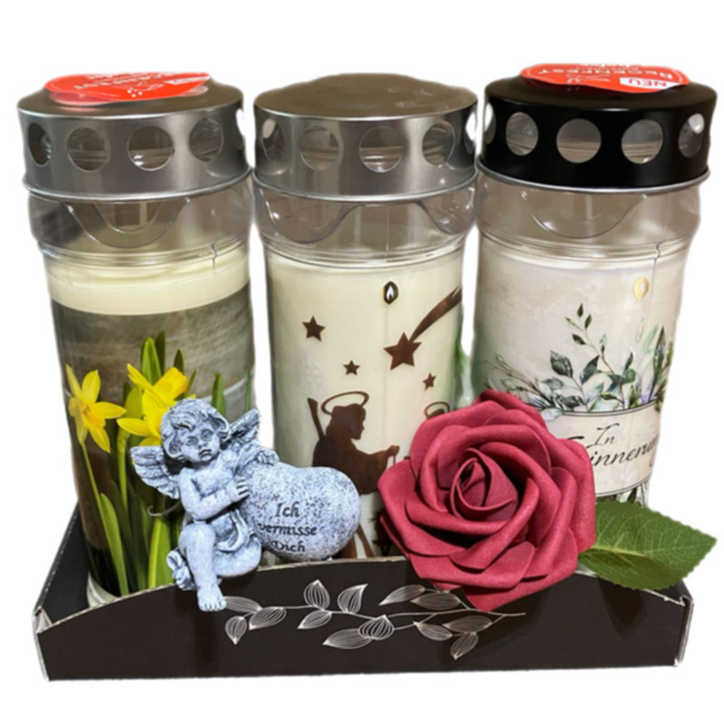 Trauer-Gedenk-Set mit 7 Tages Qualitäts-Kerzen von Hofer-Kerzen, Engel-Figur & Kunstrose rot